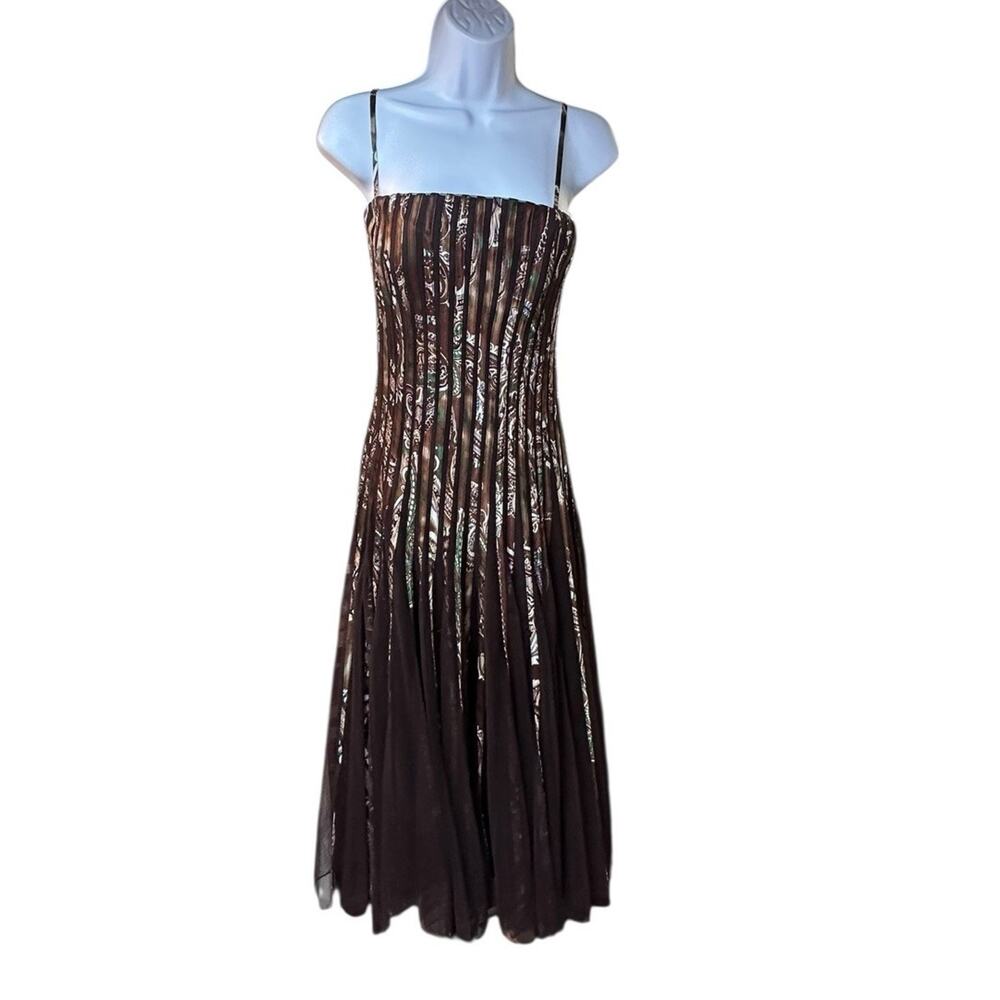 Caché Women’s Chocolate Brown Sheer Overlay Pleated Spaghetti Strap Midi Dress 8